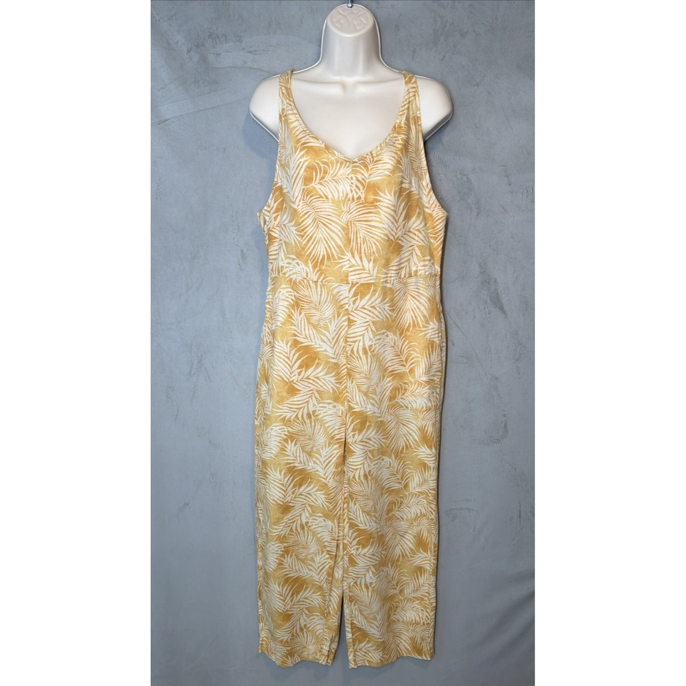 Rip Curl Womens L Yellow Tropical Palm Linen Cotton Jumpsuit Wide Leg Beach